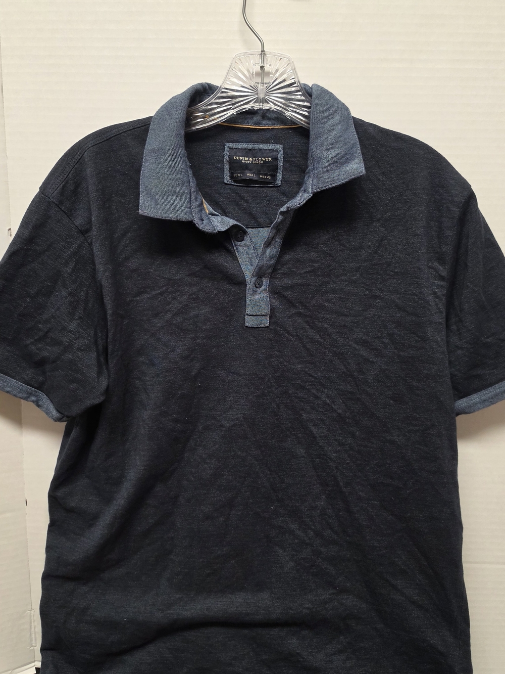 Denim & Flower Dark Grey Polo with Contrast Chambray Trim